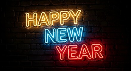 Happy New Year Neon Sign on Brick Wall, Colorful Neon Text Display on Dark Background