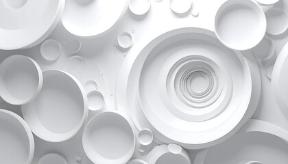 An abstract, all-white composition showcasing a variety of circular shapes, varying in size and depth, creating a layered and textured effect