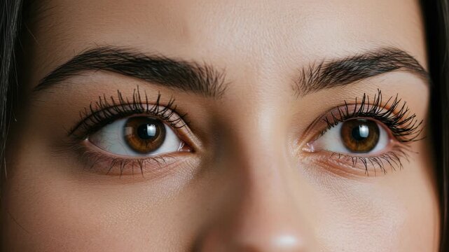 Closeup of a womans brown eyes with long lashes and defined eyebrows