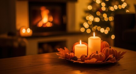 Candles and pumpkins on a wooden table with fireplace and christmas tree