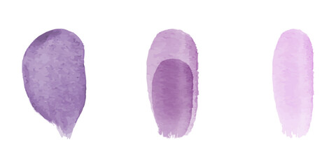 Three watercolor brush strokes of varying purple hues are displayed against a white background. The strokes are depicted in a simple and elegant style.