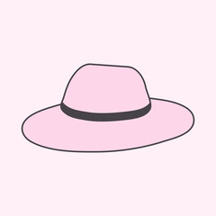 A light pink, brimmed hat is shown on a light pink background. The hat has a black band detail and is outlined in black. Simple cartoon style.