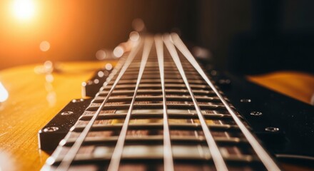 Closeup perspective of guitar strings and fretboard with warm lighting