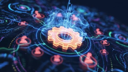 Futuristic digital technology design featuring glowing gear and network connections, showcasing abstract data visualization and cybernetic elements for innovative interface transformation - Powered by Adobe