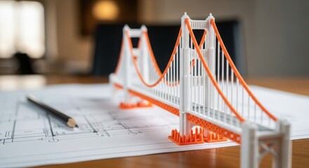 Golden gate bridge model on a blueprint with a pencil on a wooden desk