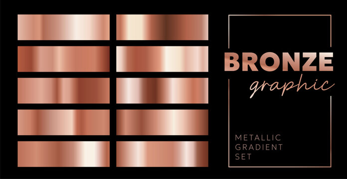 Vector set of different shine textured gradation bronze swatch. 3d realistic style design of shiny copper metallic gradient pattern with text in frame. Background collection of brown metal effect