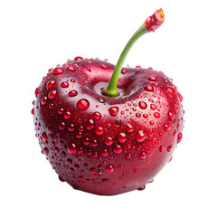 Single ripe cherry with water droplets isolated on white background