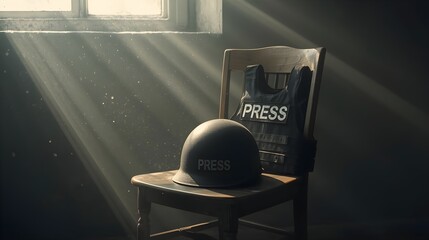 A press helmet and bulletproof vest sit on a chair in a dim room, illuminated by a dusty beam of light from a window.