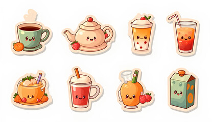Cute cartoon stickers of various beverages, including tea, boba, and juice, with kawaii faces and fruit garnishes.
