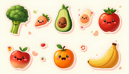 Cute cartoon fruits and vegetables with smiling faces, including broccoli, carrot, avocado, egg, tomato, apple, orange, and banana.