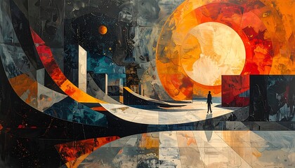 An abstract artwork depicting a silhouetted figure in a geometric landscape. Vivid colors of orange, blue, and black. Includes celestial bodies and architectural elements