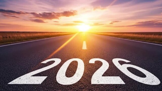 The year 2026 is written on asphalt road leading to the horizon at sunset, symbolizing the upcoming new year and future prospects ahead
