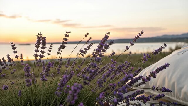 Lavender sunset pillow bottle aromatherapy relaxation by lake and beach, summer cushion flowers soothe calm by water with soft light near shore