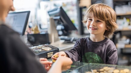 Fototapeta premium Boy Buying Toy with Coins at Checkout Counter, Cashier Smiling