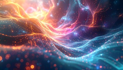An abstract artwork depicting vibrant, flowing energy fields in shades of orange, blue, and purple, with sparkling particles