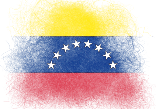 A textured representation of the Venezuelan flag employs a stylized, artistic interpretation, featuring yellow, blue, and red bands, overlaid with a semi-circular arrangement of