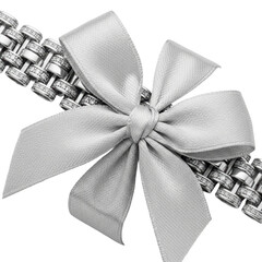 Elegant silver ribbon bow tied on a sparkling metal bracelet.