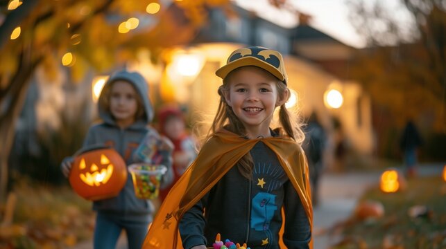 Happy children in creative Halloween costumes trick-or-treating in suburban neighborhood at dusk, jack-o-lanterns glowing on porches, colorful autumn trees, candy buckets - Powered by Adobe