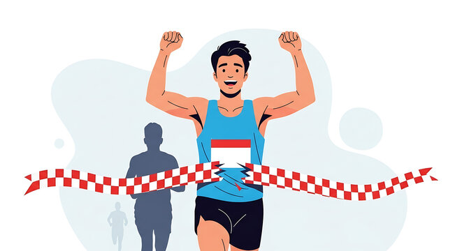Joyful Runner Crossing the Finish Line Celebrating Victory and Achievement in Competition