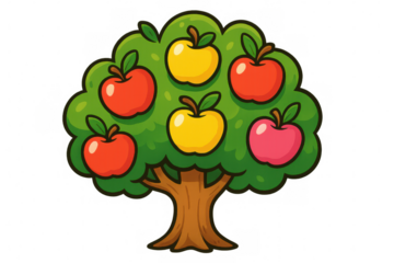 Cartoon apple tree growing red and yellow fruits on transparent background, illustrating gardening and harvest concept
