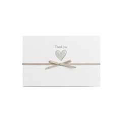 Elegant White Thank You Card with Heart and Ribbon Detail.