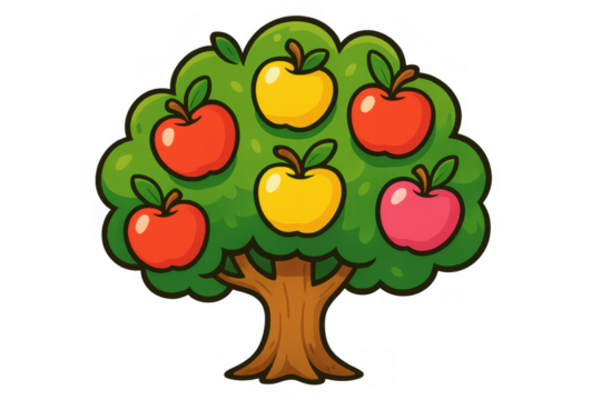 Cartoon apple tree growing red and yellow fruits on transparent background, illustrating gardening and harvest concept
