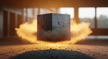 Abstract concrete cube levitating amidst fiery explosion and dust particles