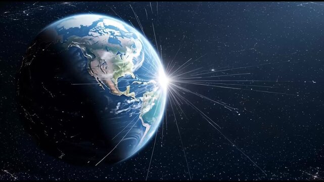 Global network connectivity visualized earth at night with digital light trails connecting continents and cities - Powered by Adobe