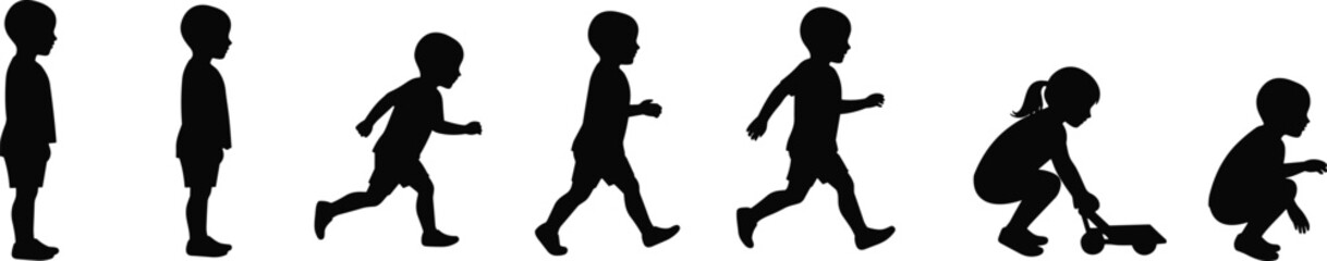 Child development silhouette set, physical growth stages vector, walking running playin