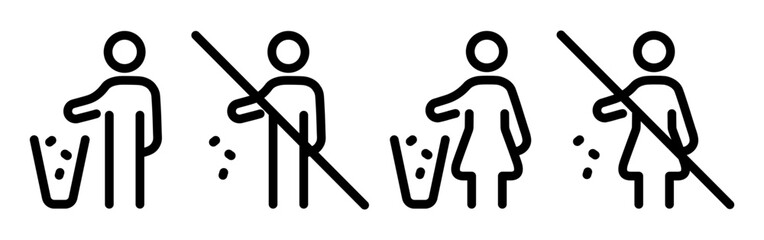 Do not litter line icon showing person throwing trash into bin. Keep area clean outline symbol in editable stroke style. Vector illustration for environmental awareness, signage and public places.