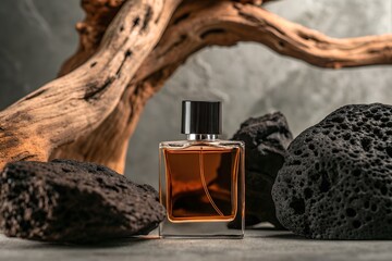 Elegant Amber Perfume Bottle with Black Volcanic Rocks and Twisted Driftwood in Luxe Setting