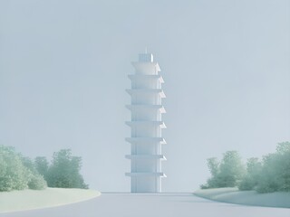 Sleek Minimalist Tower with Tiered Levels in Serene Foggy Landscape with Green Trees