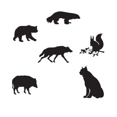 Forest Animal Silhouettes &ndash; Bear, Boar, Wolf, Squirrel, Lynx, Badger Vector Set for Nature Art and Wildlife Decor