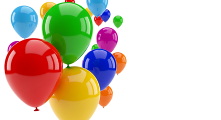 A vibrant cluster of colorful balloons in various bright shades floating upwards isolated on transparent background