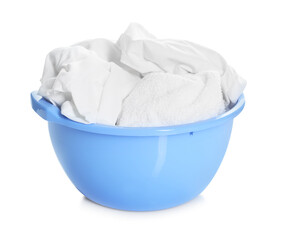 Plastic basin with laundry isolated on white