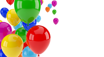 A vibrant cluster of colorful balloons in various shades of red green yellow blue and purple floating upwards isolated on transparent background