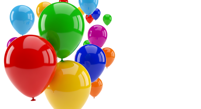 A vibrant cluster of colorful balloons in various bright shades floating upwards isolated on transparent background