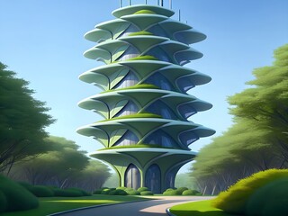 Futuristic Vertical Tower with Tiered Green Terraces and Lush Surrounding Trees in Eco Cityscape