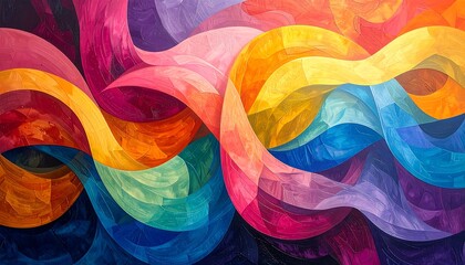 An abstract artwork displaying colorful, flowing wave-like forms. The piece features a variety of warm and cool hues, creating a vibrant and dynamic composition