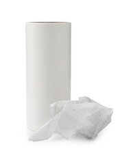 New adhesive roll for lint roller and used sticky tape isolated on white