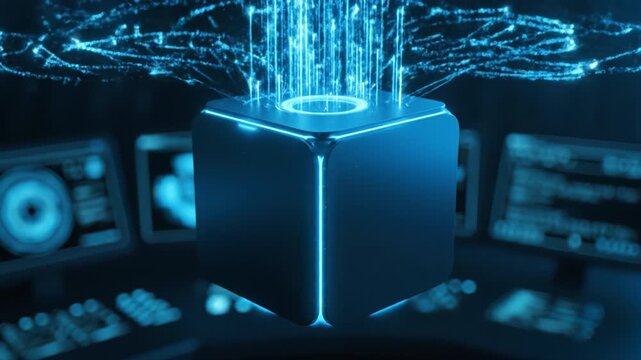 Futuristic blue cube emits glowing data streams in high tech environment, surrounded by digital displays and interfaces, showcasing advanced technology and innovation in captivating scene