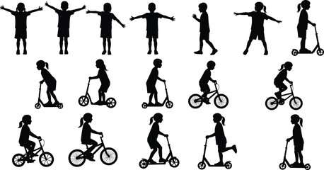  Child silhouette activity vector, walking and riding poses, scooter tricycle bicycle motion,