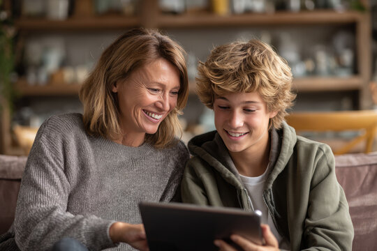Mother Teaching Teenage Son to Use Finance App on Tablet at Home