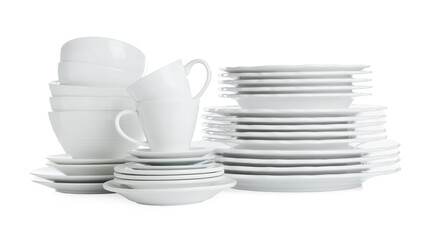 Set of ceramic dishware isolated on white