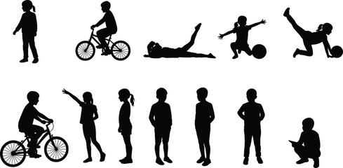  Children activity silhouette set, various playful and standing poses vector, black child shapes,