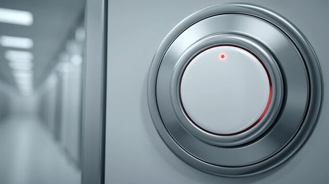 Security dial knob control metal safe door with stainless steel chrome ring, red indicator closeup modern hallway, minimal design technology ambiance