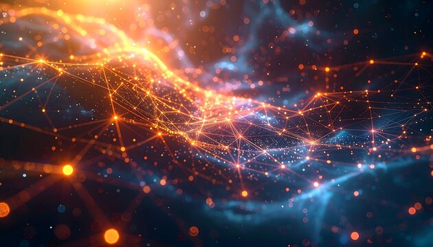 An abstract network illustration. Glowing orange lines and nodes connect across a swirling, blue-hued background creating a sense of flow