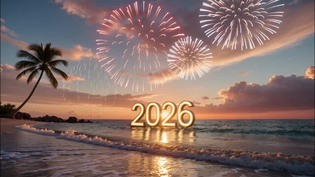 Golden 2026 numbers on tropical beach at sunset, fireworks lighting up the sky, palm tree silhouette, festive New Year celebration scene.