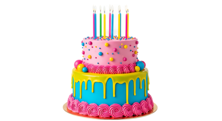 Colorful two tier birthday cake with dripping frosting and lit candles isolated on transparent background
