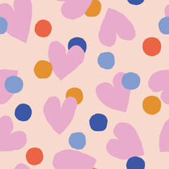 Super Cute Seamless Pattern with Hearts and Dots. Abstract Texture with Hand Drawn Circles and Hearts. Fun and Naive Background Perfect for Children's Clothing, Wrapping Paper and Digital Design